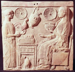 Plaque depicting a woman offering gifts to a seated woman, from Locres